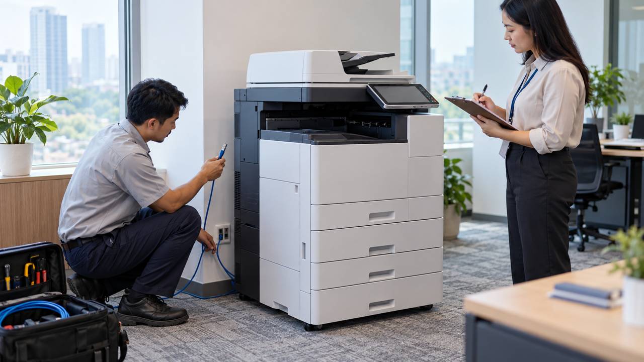 Ilustrasi persiapan pemasangan mesin fotocopy dan pengecekan jaringan kantor
